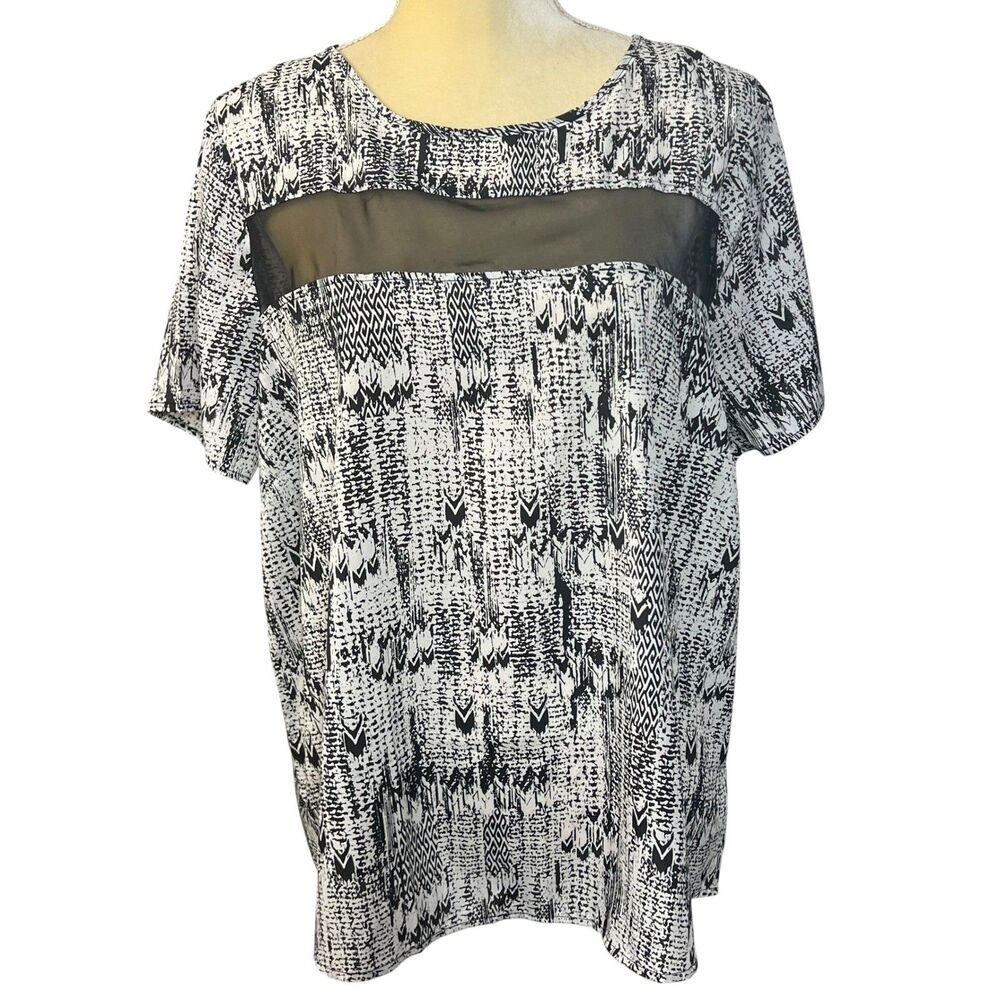 Forever 21+ Womens 1X Black Beige Abstract Geometric Mesh Panel Sheer Woven Top